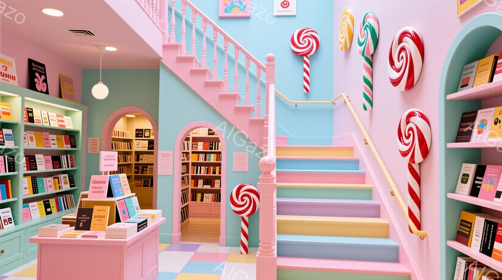 明るいパステルカラーで統一された本屋の内部で、キャンディのような渦巻き模様の装飾が特徴的です。薄いピンク色の階段が奥へと続き、壁面には本棚が設置され、多様な色の本が並んでいます。全体的に、夢のような、遊び心あふれる雰囲気が漂っています。