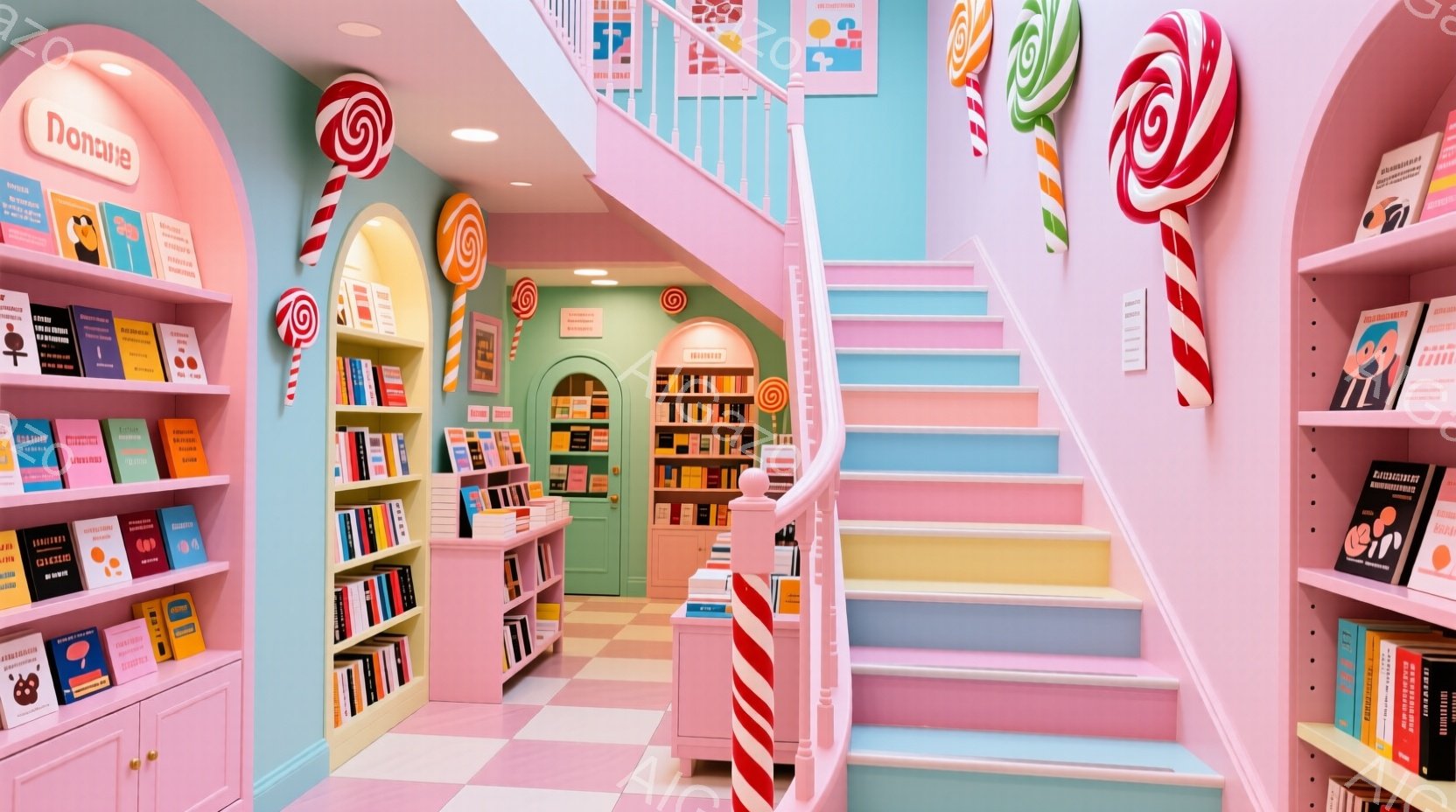 鮮やかなピンクとパステルグリーンの内装が印象的な本屋です。巨大なキャンディのオブジェや、アーチ型の入り口が可愛らしい雰囲気を醸し出しており、螺旋階段が奥へと続いています。本棚にはカラフルな装丁の本が並び、遊び心溢れる空間が広がっています。