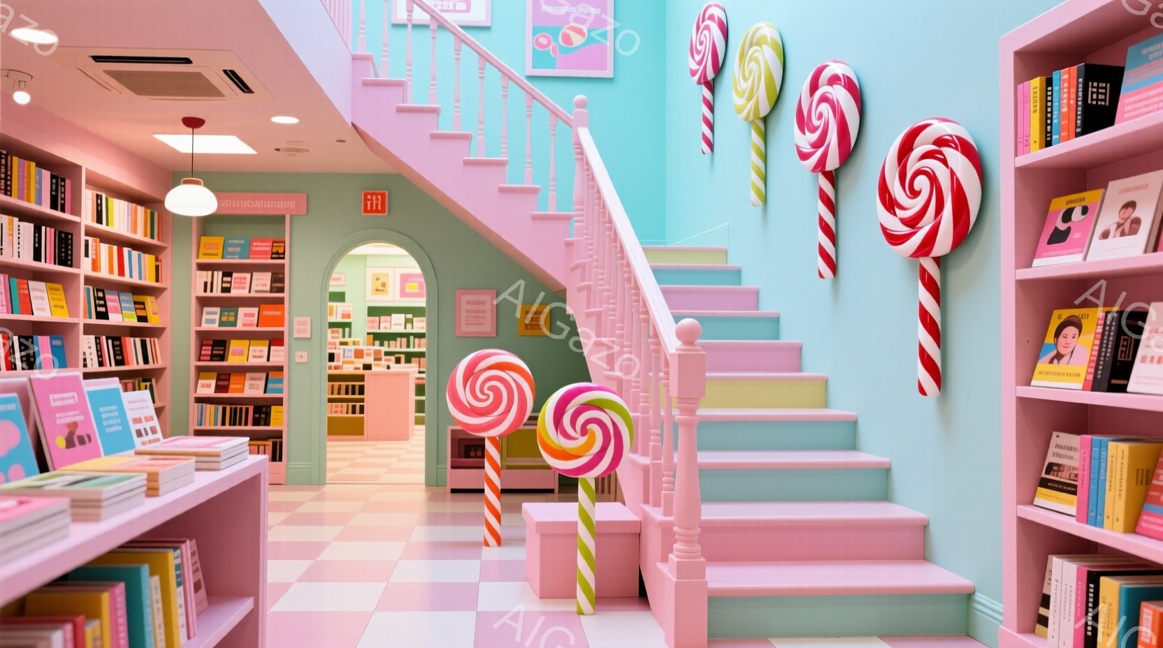 鮮やかなピンクと水色の内装が特徴的な書店内部です。本棚には様々な書籍が並び、階段はキャンディのような色鮮やかな渦巻き模様が施されています。全体的に明るく、遊び心溢れる、まるで夢のような空間です。