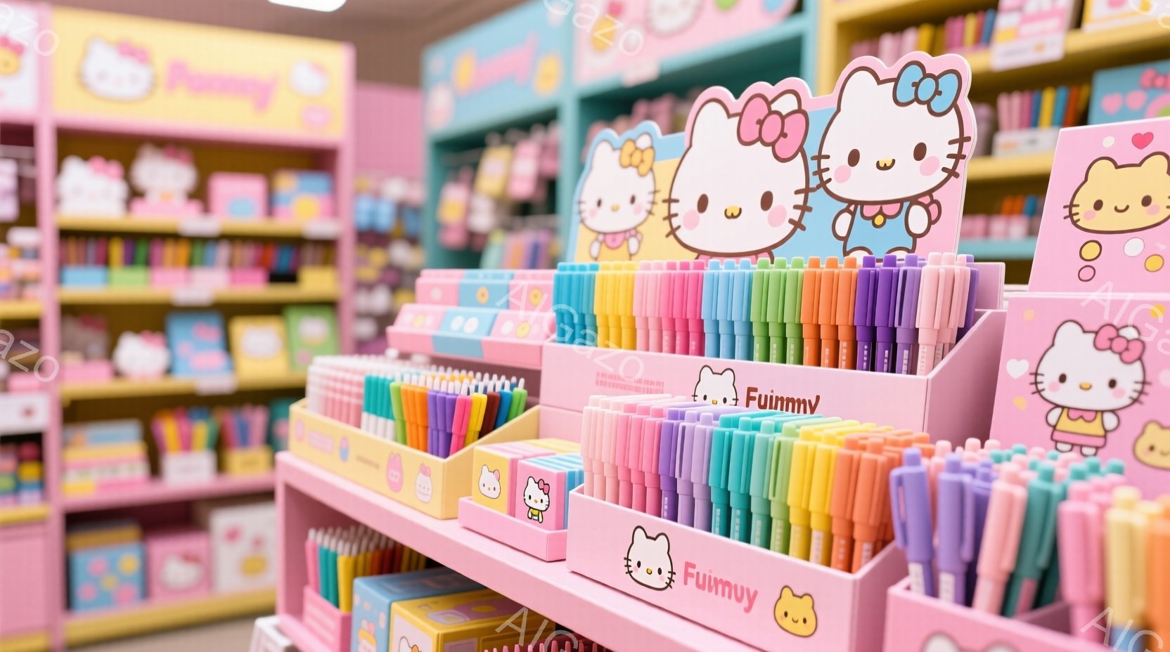 キティちゃんの文房具が並んだお店の写真です。ピンクや水色の可愛いペンや小物などが棚にたくさん並べられています。全体的に明るく、可愛らしい雰囲気が漂っています。