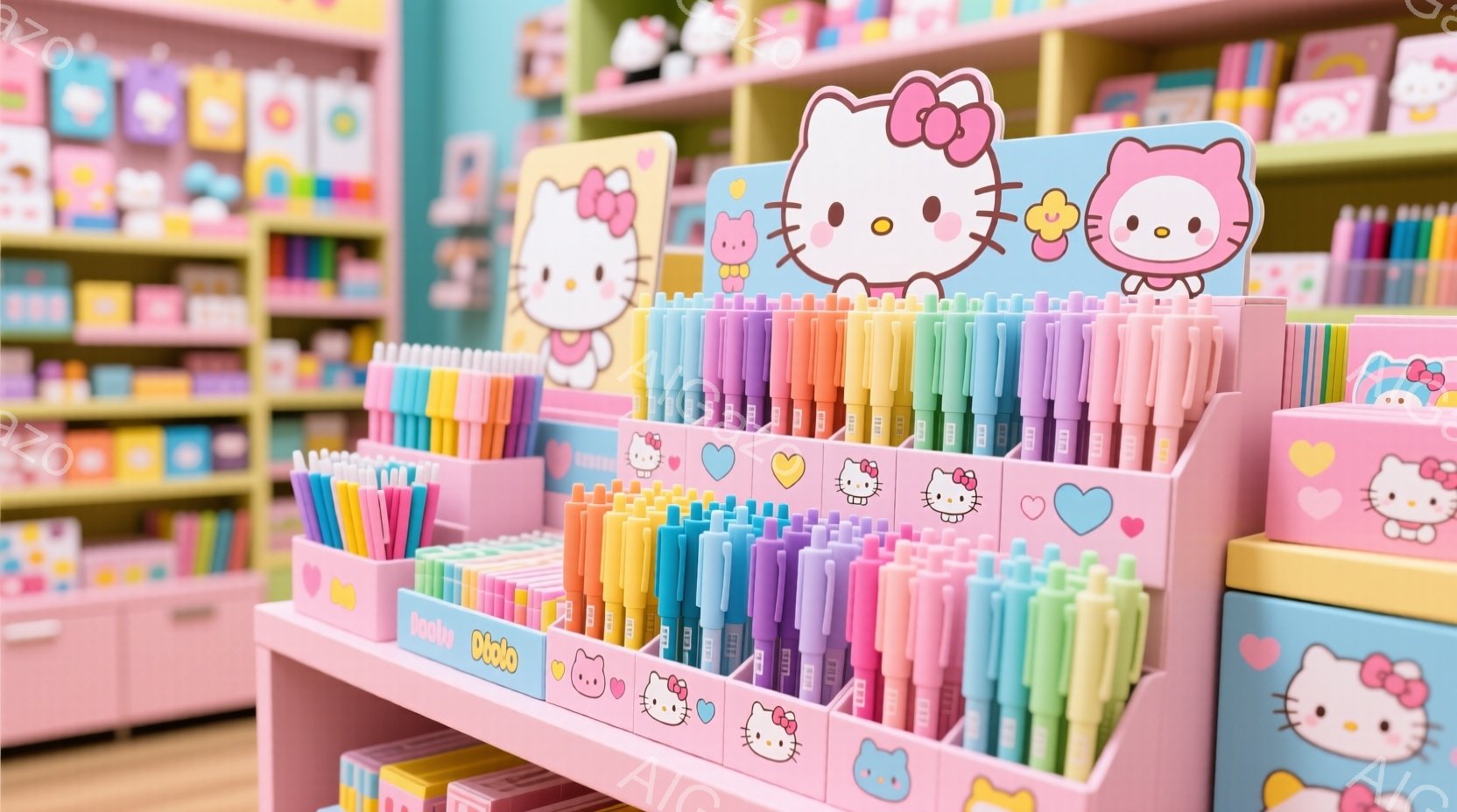 ハローキティの文房具店のような場所です。棚には、さまざまな色のペンや文房具が整然と並べられ、ハローキティのキャラクターがデザインされた商品がたくさんあります。全体的にパステルカラーで統一されており、可愛らしく、夢のような雰囲気が漂っています。