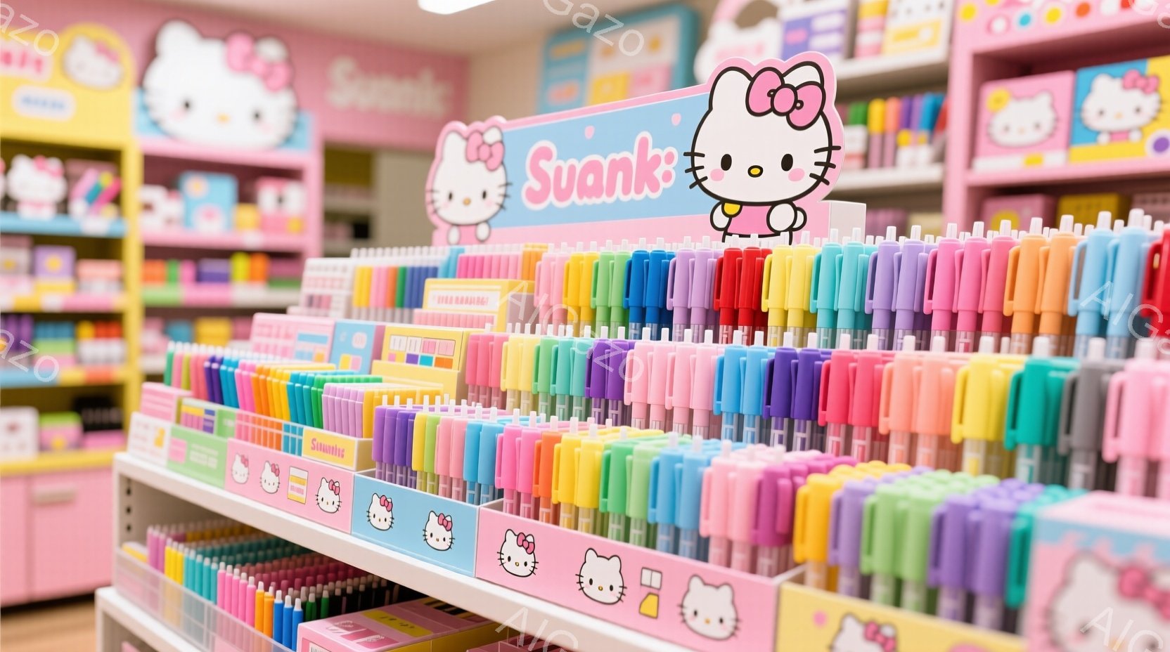 画像はハローキティの店内で、カラフルなペンがずらりと並んだ棚を捉えています。ペンは虹色に並べられ、さまざまな色合いが楽しめます。背景にはハローキティのイラストが散りばめられ、全体的に明るく可愛らしい雰囲気が漂っています。