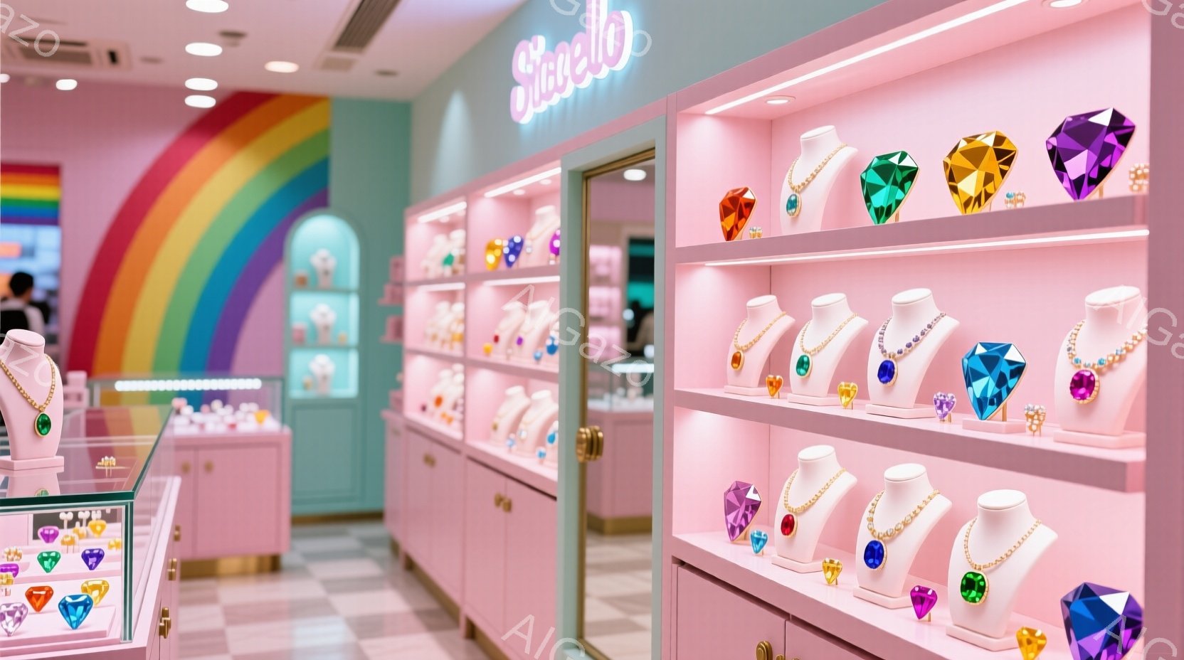ピンク色の店内には、マネキンに輝くカラフルなネックレスがずらりと並んでいます。背景には虹色の装飾が施され、明るくファンタジックな雰囲気を醸し出しています。全体的に可愛らしく、若い女性をターゲットにしたアクセサリーショップのようです。