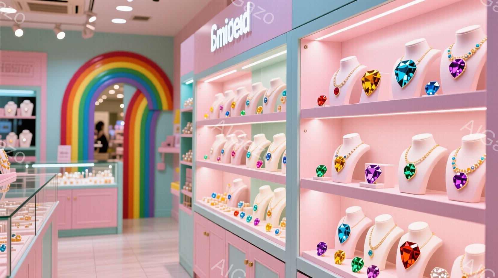 明るいピンクと水色の内装が印象的なジュエリーショップで、たくさんのネックレスが展示されています。各ネックレスには大きな宝石のような装飾が施されており、まるでキャンディーのような可愛らしい雰囲気です。背 - AI生成フリー素材