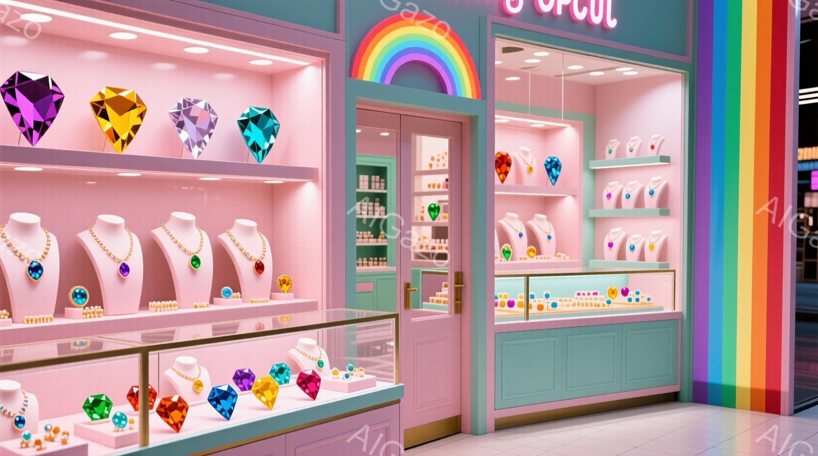 鮮やかなピンクと水色の装飾が施された宝石店で、マネキンがカラフルな宝石を身につけています。ショーケースには様々な色の宝石が並び、店の上には虹が描かれており、全体的に明るく華やかな雰囲気です。背景には他の店舗が見え、商業施設の一角にあることがわかります。