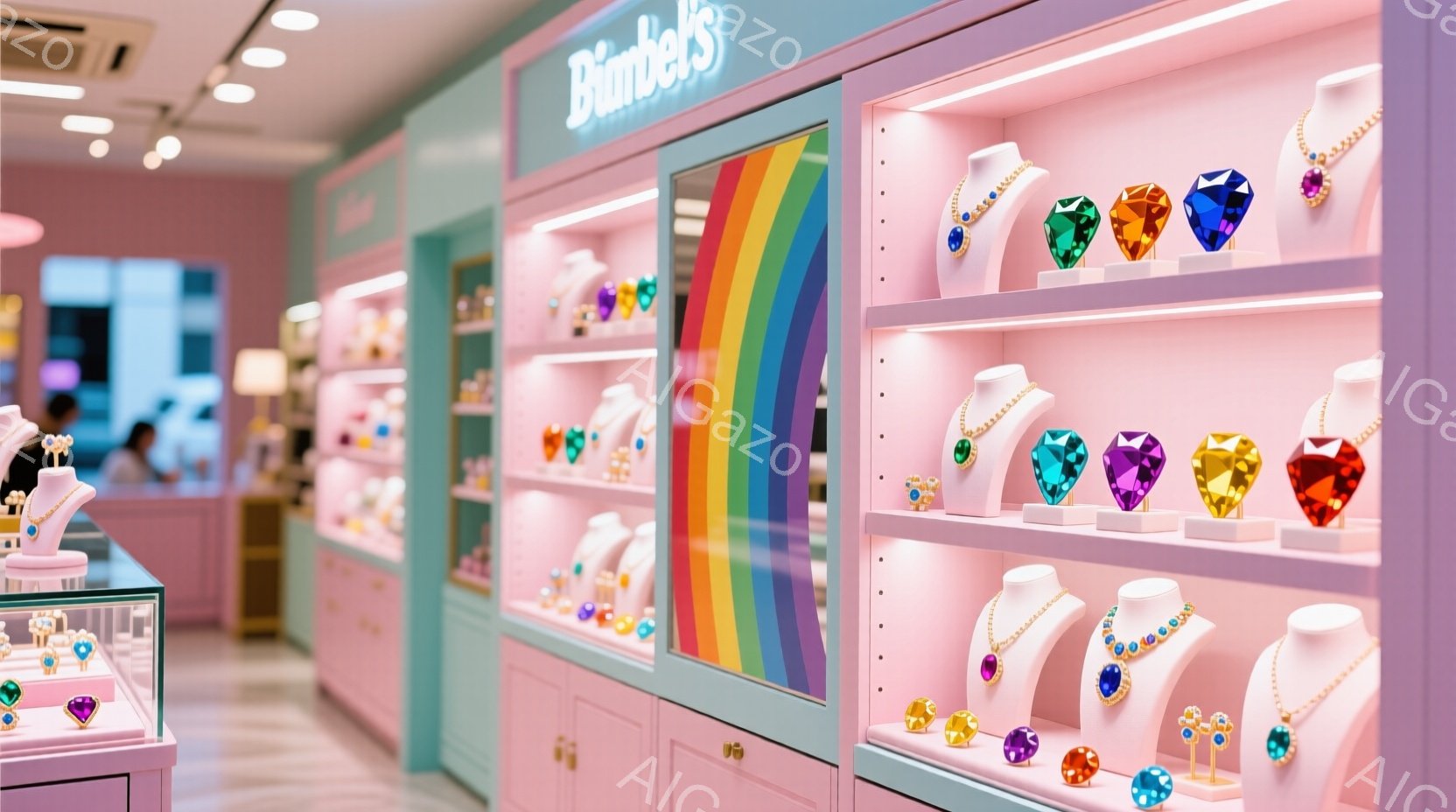 ピンク色のショーケースが並び、カラフルな宝石のネックレスやイヤリングが展示されています。ショーケースの背景には虹色のストライプがあり、明るくポップな雰囲気を醸し出しています。店内の照明は明るく、商品が際立つように工夫されています。