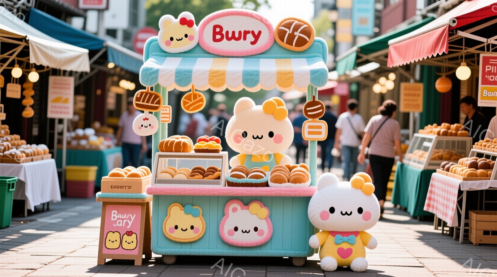賑やかな市場の一角に、可愛らしいパン屋の屋台が設置されています。パステルブルーとピンクの配色が特徴で、パンのキャラクターが屋台を飾り、商品と共に並んでいます。背景には人々が歩き、活気のある市場の雰囲気が伝わってきます。