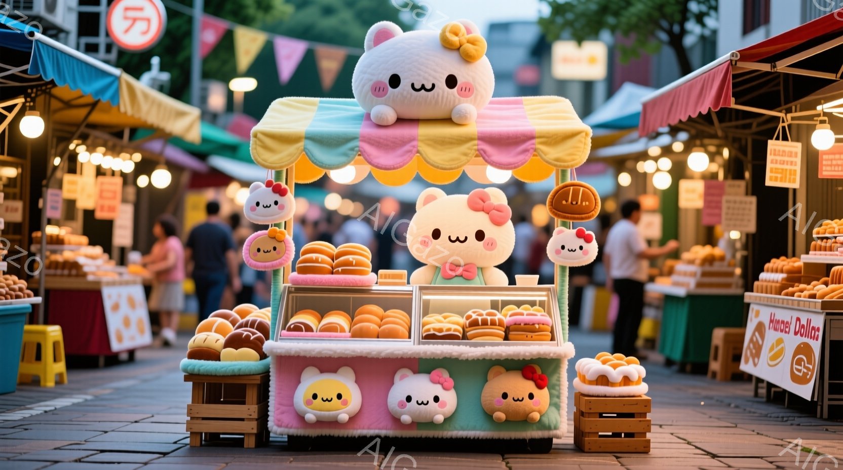 露天商が並ぶ賑やかな通りに、可愛らしいドーナツモチーフの装飾がされた屋台が設置されています。屋台には様々な色と種類のドーナツが並べられ、その愛らしい表情が訪れる人々の目を引きます。背景には他の屋台や建 - AI生成フリー素材