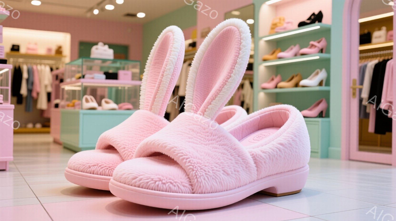 明るいピンク色の背景に、ウサギの耳が付いたふわふわのピンクのスリッパが置かれています。スリッパは柔らかそうな素材でできており、背景にはピンク色の服が並んだショーウィンドウが見えます。全体的に、可愛らしく、温かみのある雰囲気が漂っています。