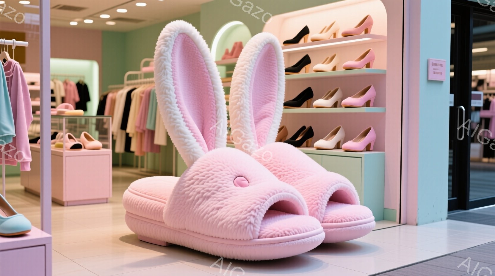 明るいピンクとミントグリーンの内装の店内で、巨大なピンク色のウサギのスリッパが展示されています。背景には、様々な色のハイヒールが棚に整然と並べられており、柔らかく可愛らしい雰囲気が漂っています。全体的に、若い女性をターゲットにした、キュートで遊び心のある小売店の様子が伺えます。