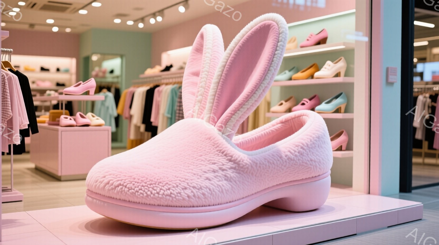 ピンク色の巨大なウサギの足の形をしたスリッパが、明るいピンク色の台の上に置かれています。背景には、様々な色の靴が並んだ棚と、薄い緑色の壁があり、全体的に可愛らしく、遊び心のある雰囲気です。店舗内は明るく、暖色系の照明が使われており、ポップで楽しいショッピング空間を演出しています。