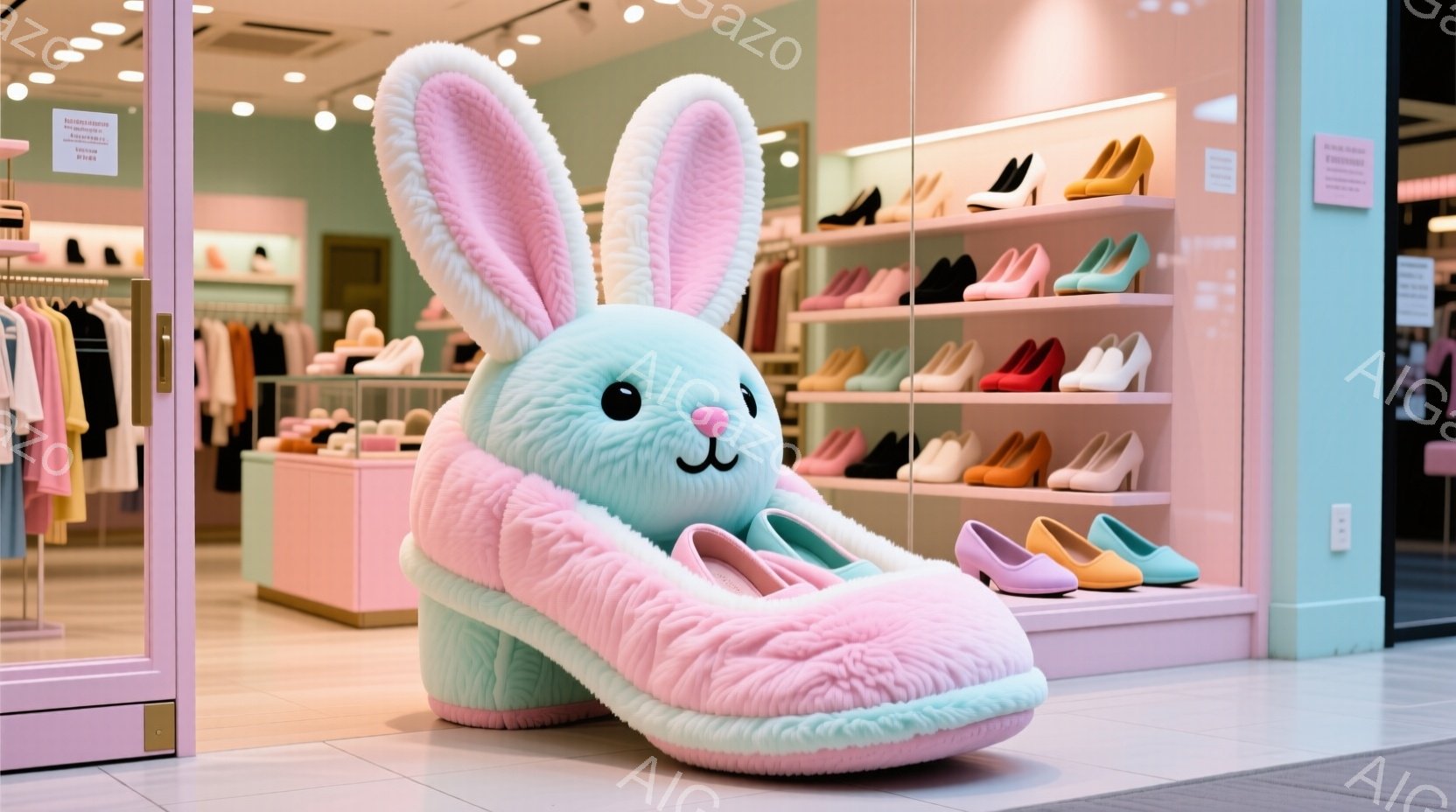 明るいピンクとターコイズブルーのウサギの形をしたスリッパが、お店の入り口に大きく置かれています。背景には、さまざまな色のハイヒールが並んだ棚が並び、明るく楽しい雰囲気を醸し出しています。全体的に柔らかい色調で、可愛らしく親しみやすい印象を与えるディスプレイです。