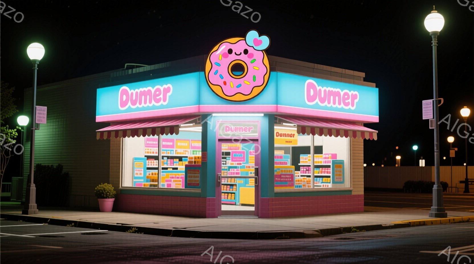 夜間に撮影された、明るいピンクと水色のドーナツショップが描かれています。お店の看板には可愛らしいドーナツのイラストがあり、ショーケースには色とりどりのドーナツが並んでいます。背景には街灯と緑豊かな木々 - AI生成フリー素材