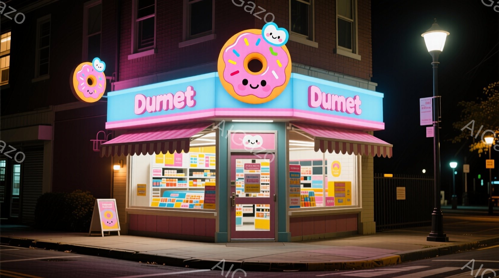 夜の街並みに、可愛らしいドーナツ屋「Dumet」が佇んでいます。ピンクと白を基調とした建物は、大きなドーナツの看板と可愛らしいイラストで飾られており、親しみやすい雰囲気を醸し出しています。背景には暗い建物と街灯が見え、夜の静けさとドーナツ屋の温かい光が対照的です。