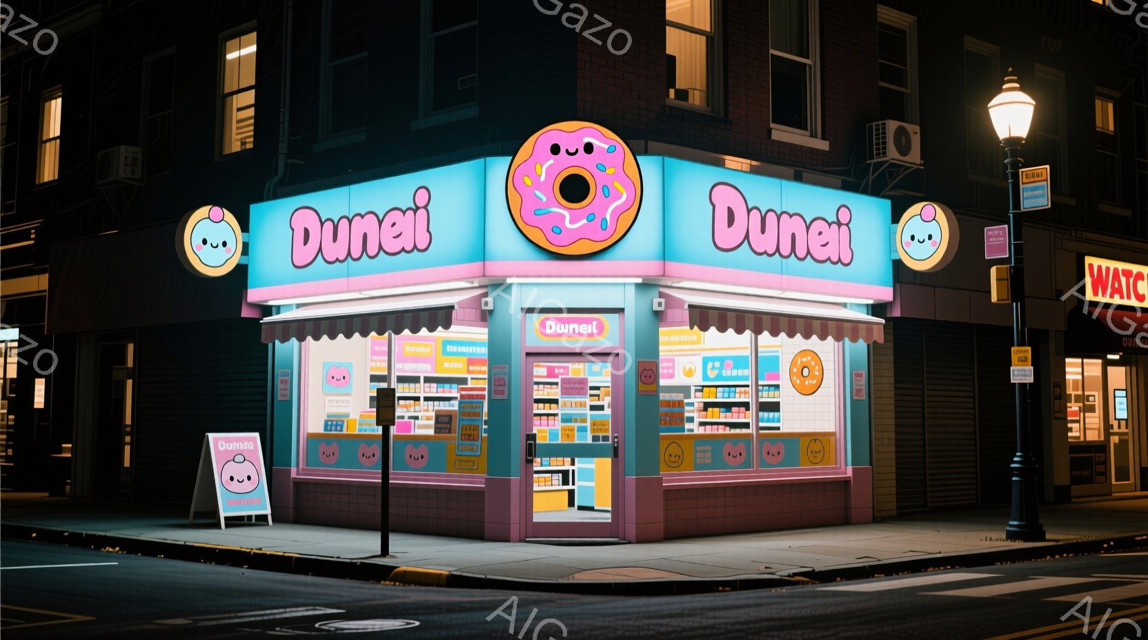 夜の街角にドーナツ店「Dunei」がライトアップされています。明るいピンクと水色の外観が特徴的で、可愛らしいキャラクターのイラストが店全体に施されています。路地裏のような場所で、お店の看板や窓に並んだドーナツが美味しそうに見えます。