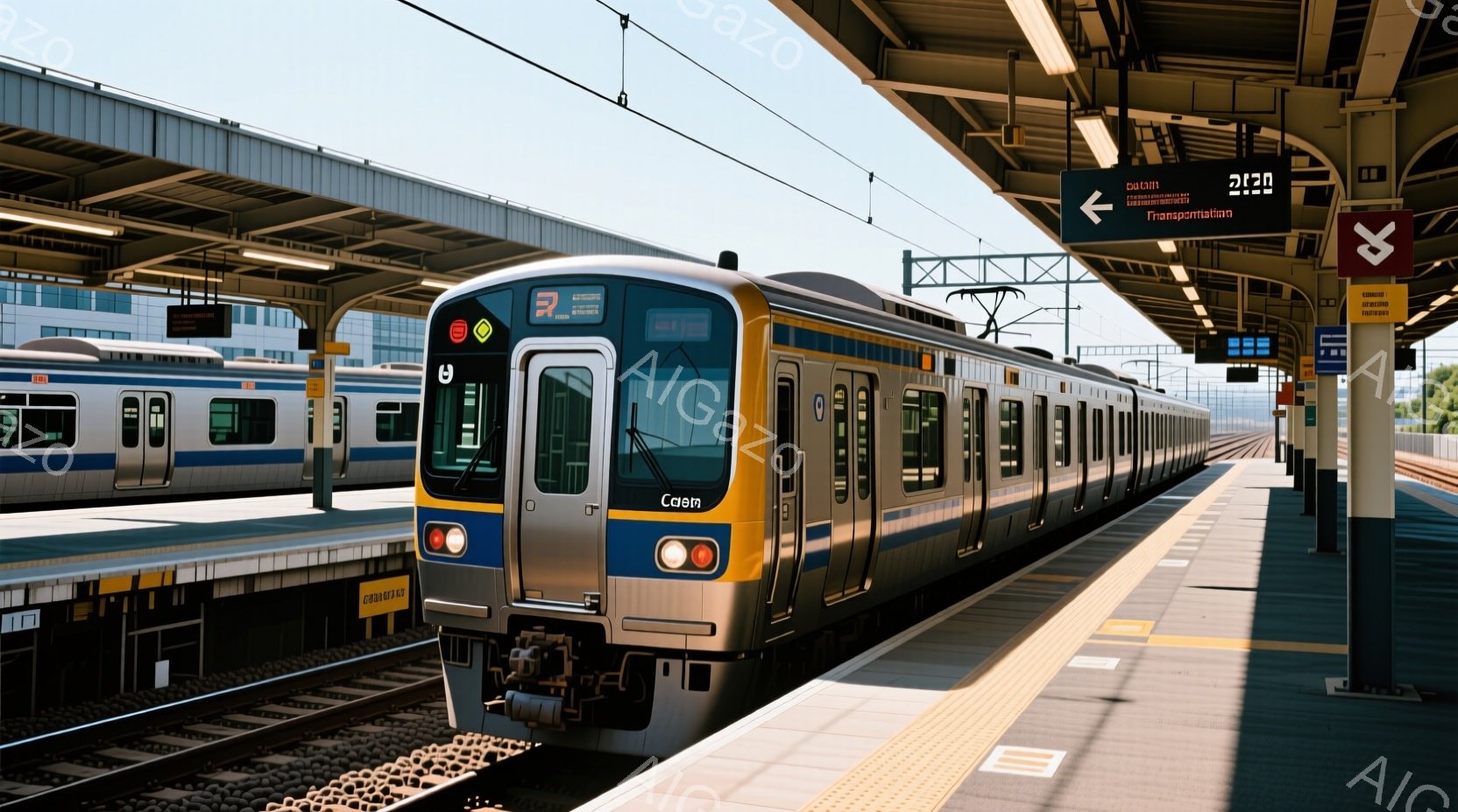 青い車体と黄色い前頭部を持つ電車が駅のプラットフォームに停車している。背景には別の電車が見え、駅の屋根や線路、そして晴れた空が広がっている。全体的に明るく、穏やかな雰囲気で、日常の通勤風景を切り取ったような写真である。