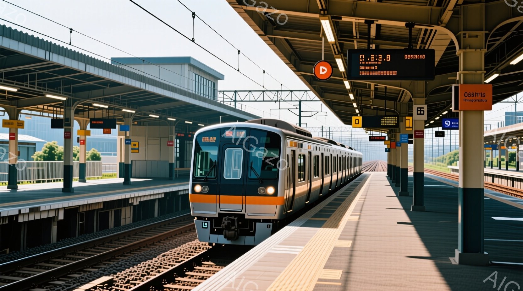 オレンジと白を基調とした電車が駅のホームに停車しており、車体には「東武」のロゴが見えます。 ホームは黄色い安全線で区切られており、背景には緑豊かな自然と青空が広がっています。 駅の天井にはデジタル表示板があり、時刻や行き先を示しているようです。