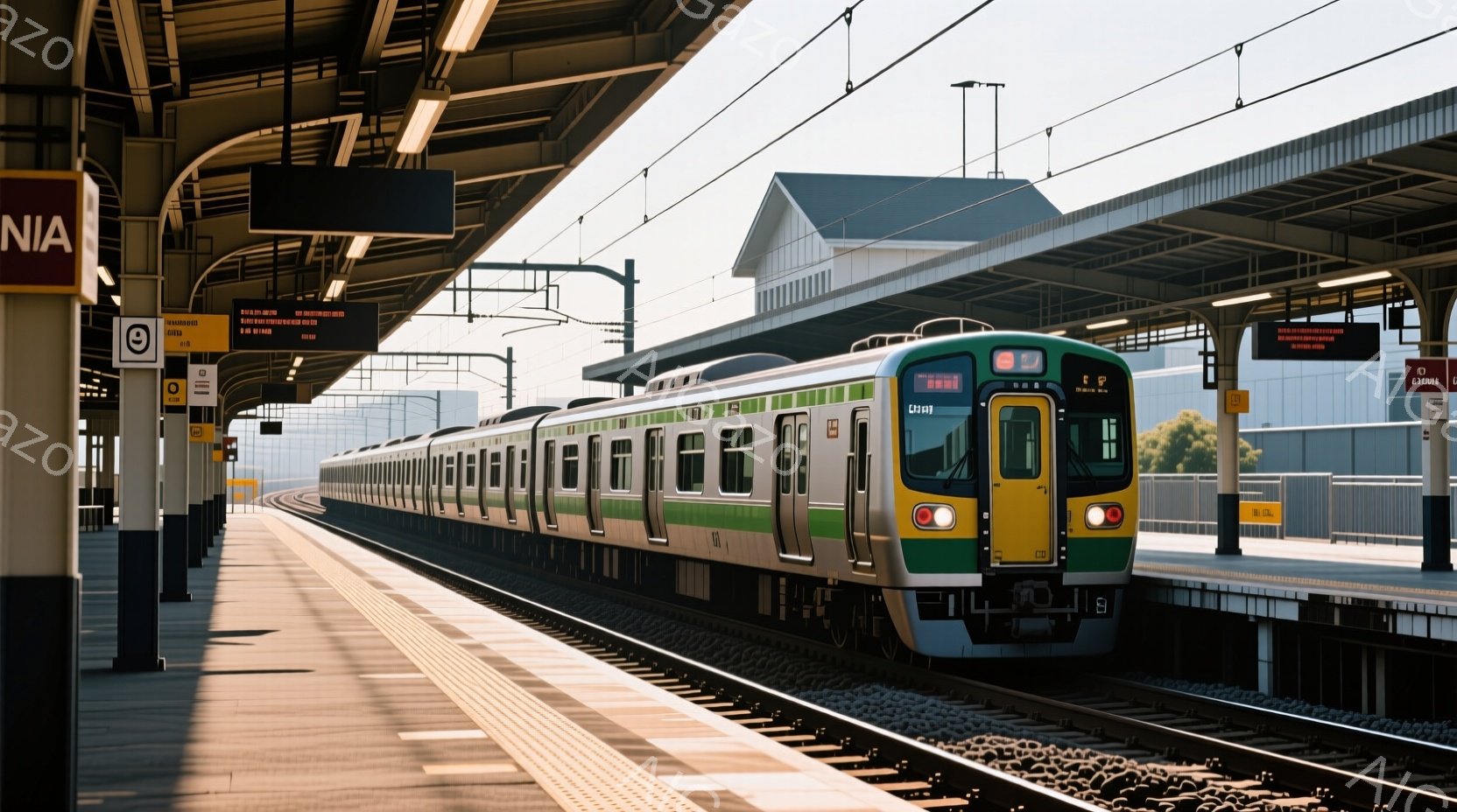 鮮やかな緑とクリーム色の車体が特徴的な列車が、駅のプラットフォームを通過しようとしています。背景には木々が生い茂り、晴天の空が広がっています。プラットフォームには人が見当たらず、静かで穏やかな雰囲気が - AI生成フリー素材