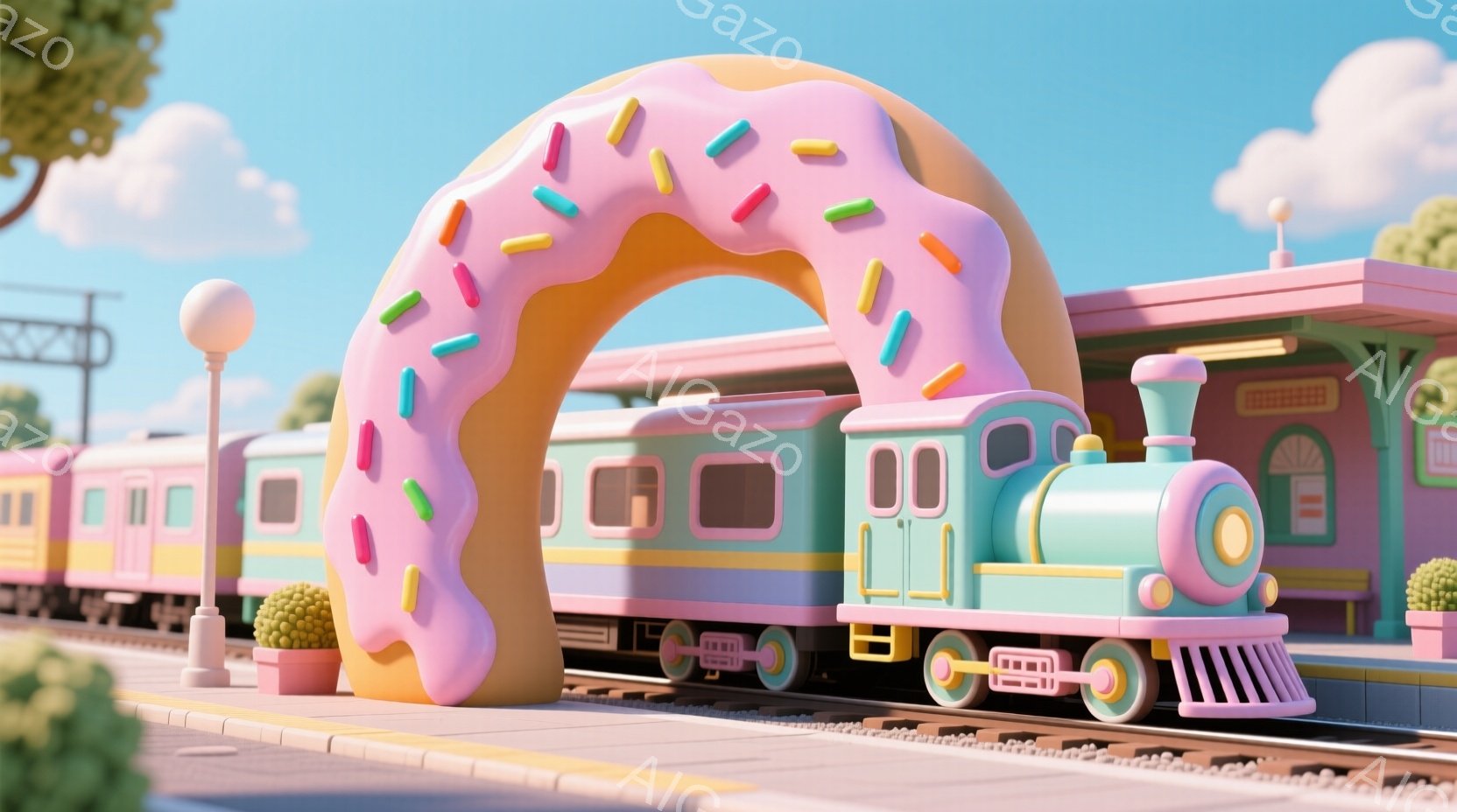 明るいピンクと水色の列車が駅に停車しており、巨大なピンク色のドーナツのアーチが列車の頭上をくぐるように設置されています。駅舎はパステルカラーで可愛らしいデザインで、背景には青空と雲が広がっています。全 - AI生成フリー素材