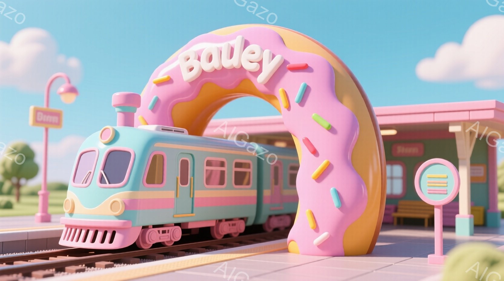 明るい青緑色の列車が、ピンク色のドーナツのアーチの下を通過しようとしています。背景には、ピンク色の建物と緑の芝生があり、天候は晴れで、全体的に明るく、おとぎ話のような雰囲気です。ドーナツアーチには「B - AI生成フリー素材