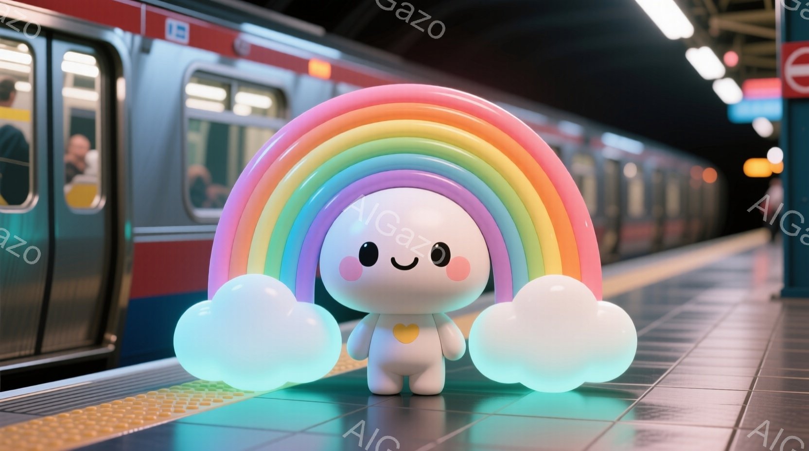 白くて丸いキャラクターが虹と雲の下に立っています。キャラクターは黄色いハートマークが付いた白い服を着ており、丸い頬と笑顔で愛らしい表情をしています。背景にはプラットフォームと電車があり、温かく幻想的な - AI生成フリー素材