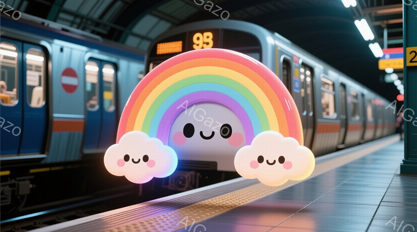 駅のプラットフォームに浮かぶ可愛らしい虹のキャラクターを描いています。虹は白い体にピンクのチークと黒い丸い目があり、左右に二つのふわふわした雲を伴っています。背景には、ぼやけた電車の車両とプラットフォ - AI生成フリー素材
