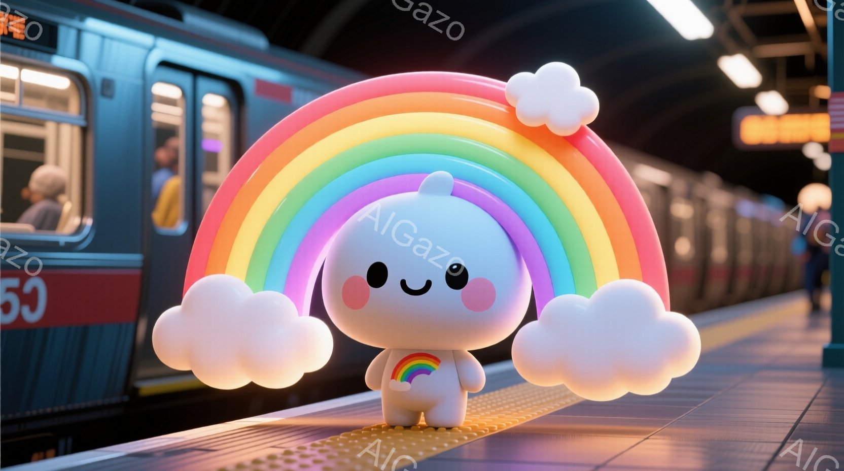 雲のようなかわいらしいキャラクターが、カラフルな虹を抱えながら電車駅のホームに立っています。その表情は笑顔で、丸い頬とつぶらな瞳が愛らしさを強調しています。背景には、ぼやけた電車の車両と駅のプラットフ - AI生成フリー素材