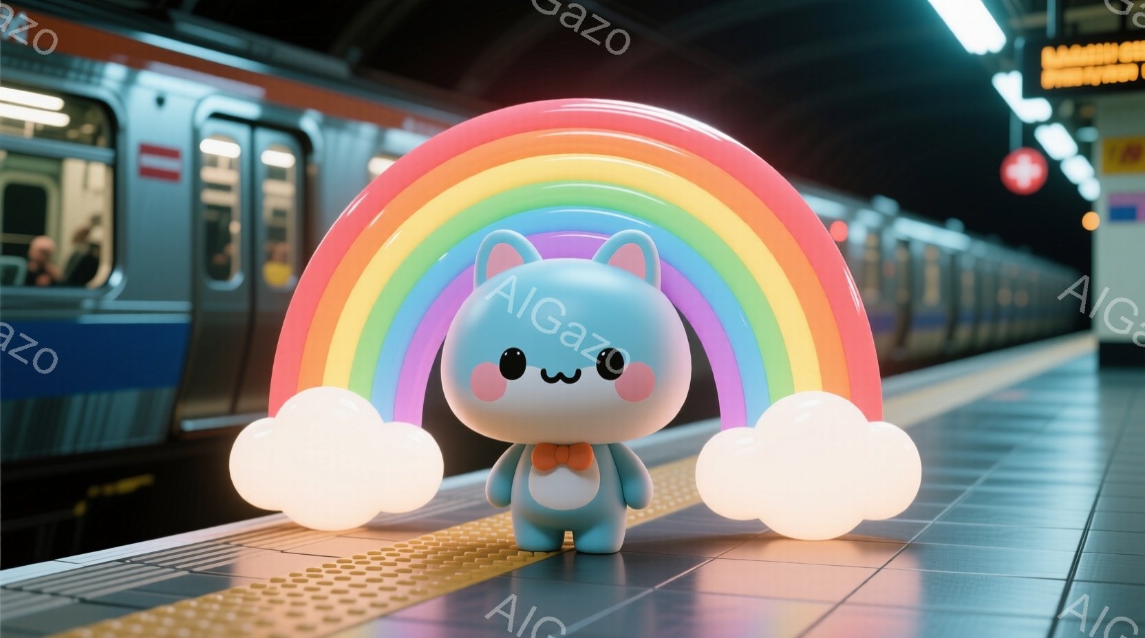 青いふわふわしたキャラクターが、虹と雲を模した装飾を背にして駅のプラットフォームに立っている。キャラクターは小さなオレンジ色の蝶ネクタイをつけ、丸い目と控えめな笑顔を浮かべている。背景には、ぼやけた電 - AI生成フリー素材