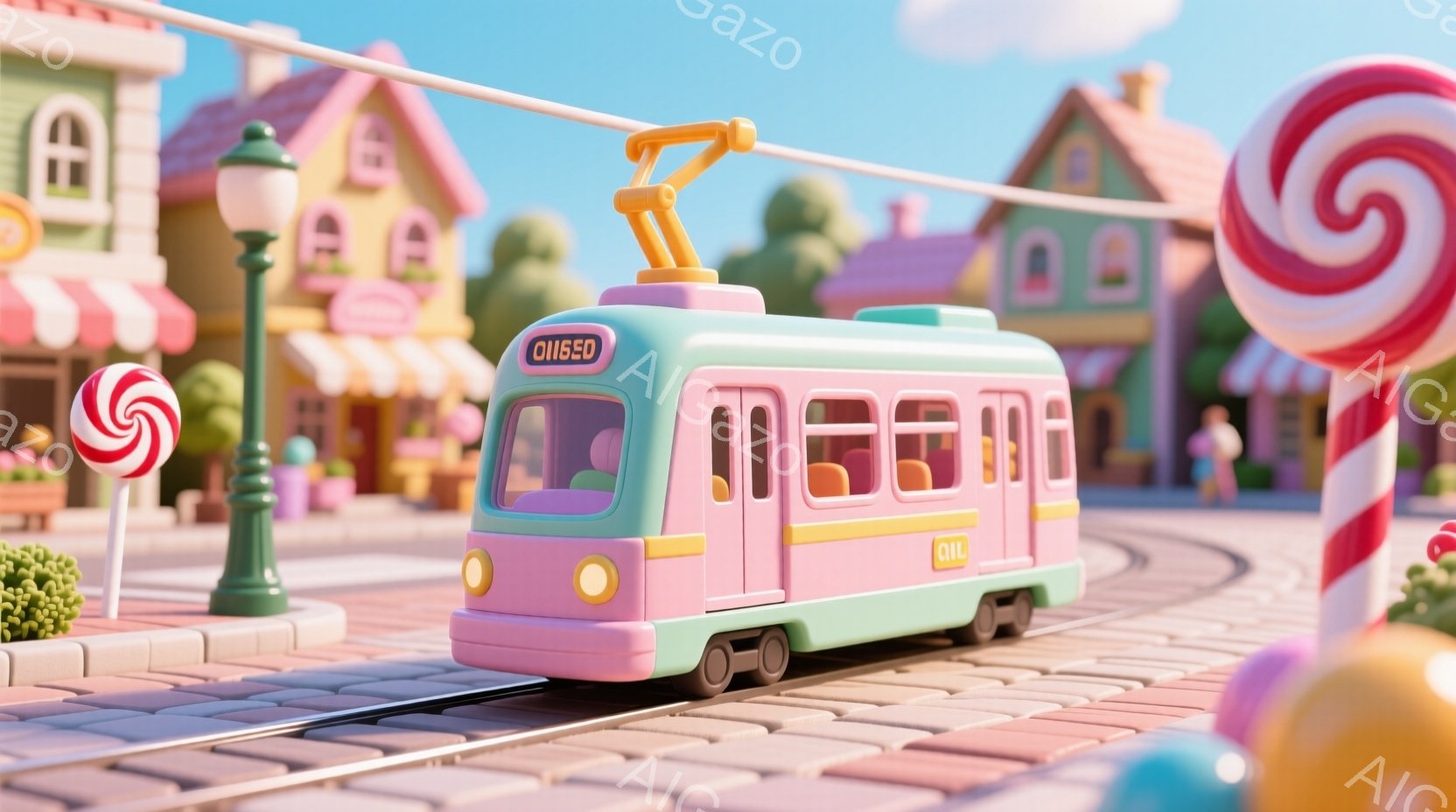 明るいピンクとミントグリーンの路面電車が、カラフルな建物が並ぶ街を走っている様子が描かれている。背景には、キャンディのような装飾が施された家々や緑の茂みが確認でき、全体的に夢のような、お菓子の国のような雰囲気である。空は晴れで、日差しが暖かく、可愛らしい路面電車と背景が調和した、魅力的な光景が広がっている。