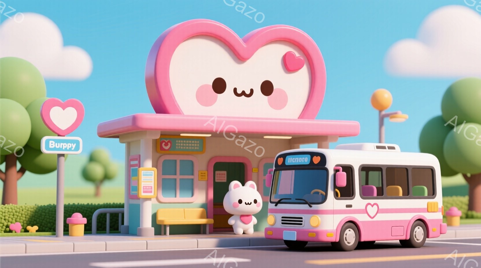 ピンク色のバス停とバスが描かれた可愛らしいイラストです。バス停にはウサギのキャラクターが立っており、笑顔でこちらを見ている様子です。背景にはパステルカラーの建物や木々が見え、明るく優しい雰囲気が漂って - AI生成フリー素材