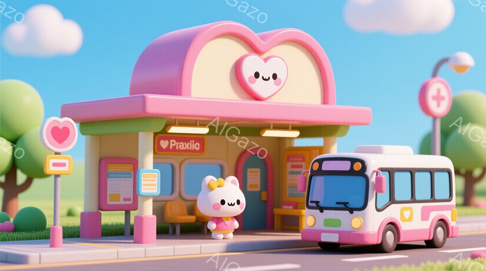 明るいピンク色の建物がバス停で、かわいらしいキャラクターが立っています。そのキャラクターは、ピンクのセーターと白いスカートを着て、丸い耳と笑顔が特徴です。背景には緑の芝生、青空、そしてバスが描かれてお - AI生成フリー素材