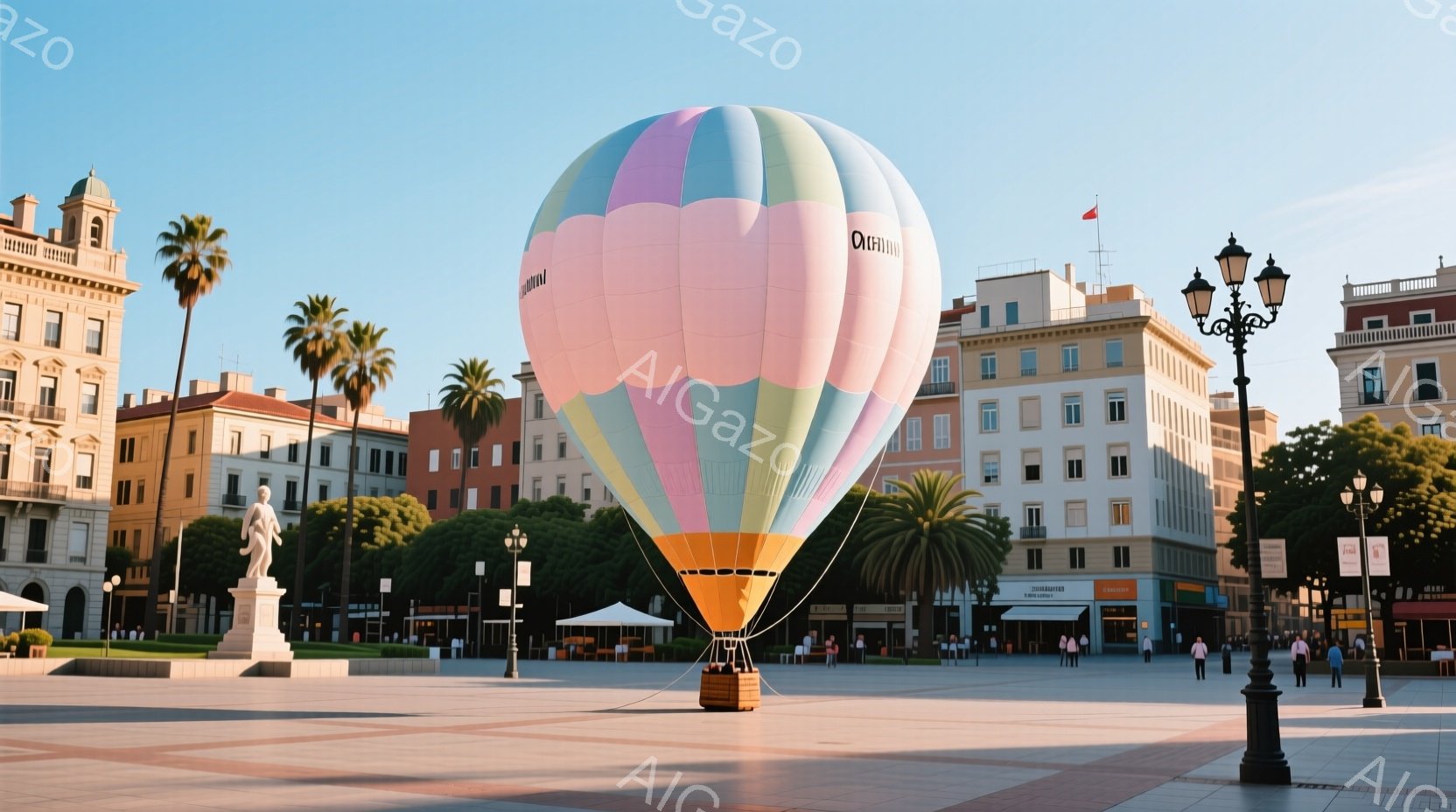 広場にカラフルな熱気球が浮かび、周囲には石造りの建物やヤシの木が並んでいる。建物はベージュや黄色を基調とした落ち着いた色合いで、晴天の下、温かい雰囲気を感じさせる。数少ない人々は、観光客らしき服装で、 - AI生成フリー素材