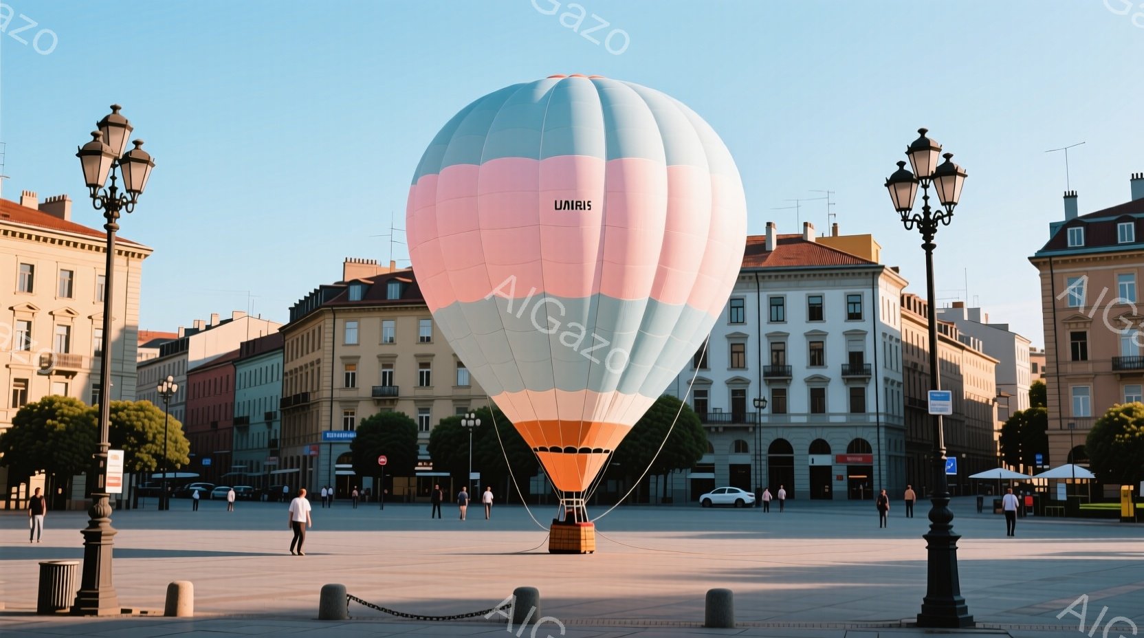 広場には大きな熱気球が浮かび、ピンク、白、オレンジのグラデーションが美しい。周囲にはヨーロッパ風の建物が並び、人々が散歩を楽しんでいる様子が見て取れる。晴れた空と石畳の広場が、穏やかで暖かい雰囲気を醸 - AI生成フリー素材
