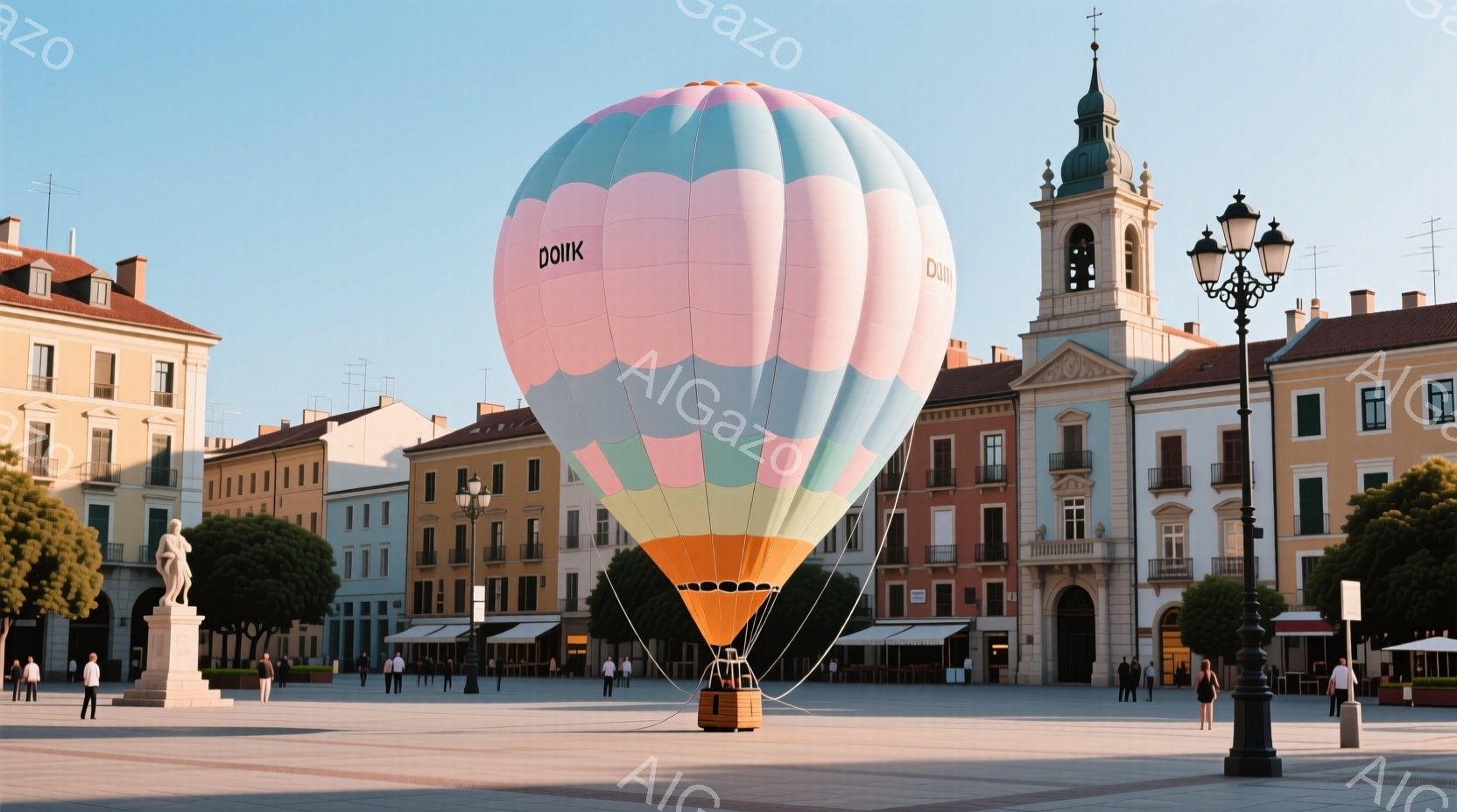 広場には色とりどりのホットエアバルーンが浮かび、人々がその下を歩いている。背景には、歴史的な建物が並び、日差しが暖かく、穏やかな雰囲気を醸し出している。人々はカジュアルな服装で、バルーンを見上げたり、 - AI生成フリー素材