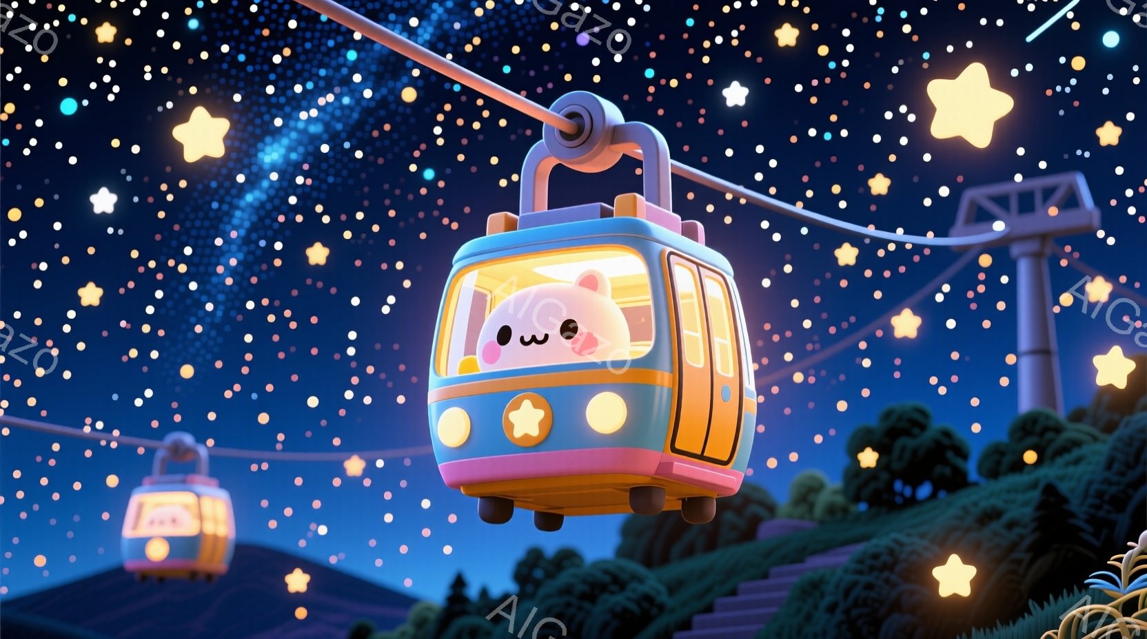 夜空に輝く星々を背景に、可愛らしいケーブルカーが描かれています。ケーブルカーはクリーム色とピンク色を基調としたデザインで、大きな目とほほえましい表情をしています。周囲には緑の丘や階段が広がり、ファンタジックで温かい雰囲気を醸し出しています。