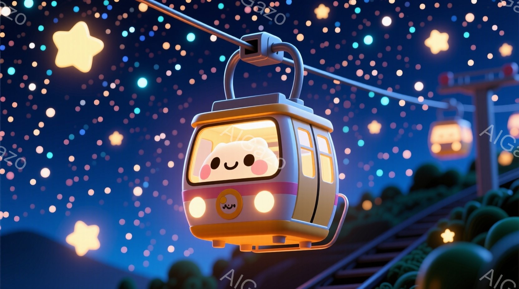 ケーブルカーは可愛らしい表情を持ち、丸みを帯びたクリーム色のボディに、明るい黄色い窓と光るライトが特徴です。背景には緑色の丘陵地帯と夜空に輝く星々が広がり、暖かく幻想的な雰囲気を作り出しています。ケーブルカーは鉄道の軌道上を滑らかに進んでおり、楽しさと冒険心をくすぐる様子が伺えます。