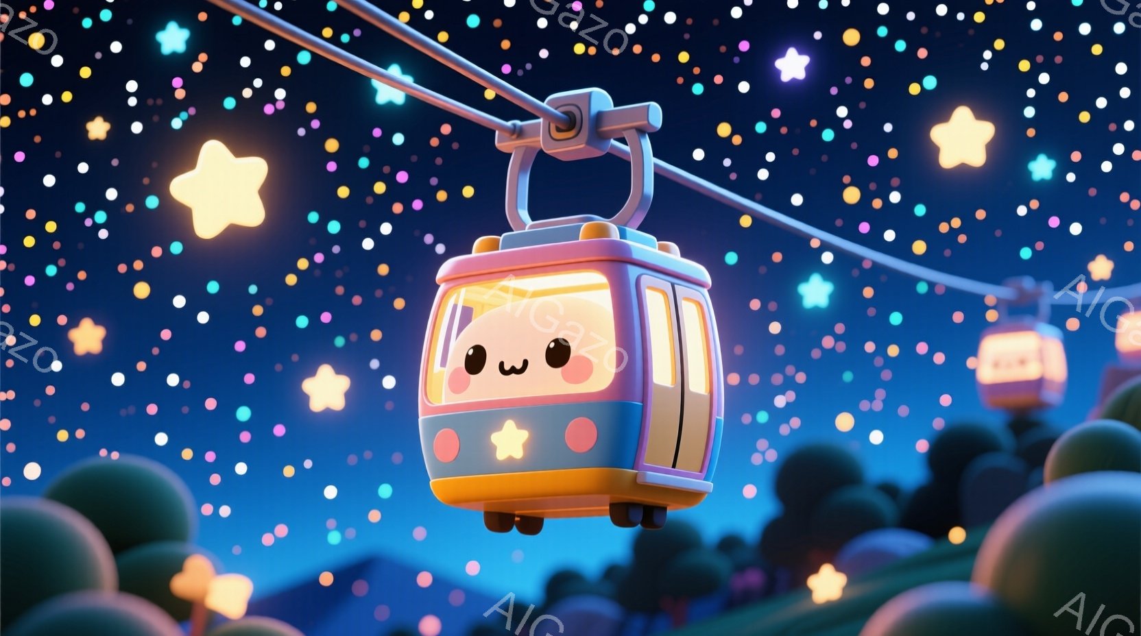 かわいいケーブルカーが夜空を飛んでいる様子が描かれています。ケーブルカーはパステルカラーで、大きな目と赤い頬が特徴的で、とても愛らしい表情をしています。背景には丸い丘と星空が広がり、ファンタジーで夢のような雰囲気を作り出しています。