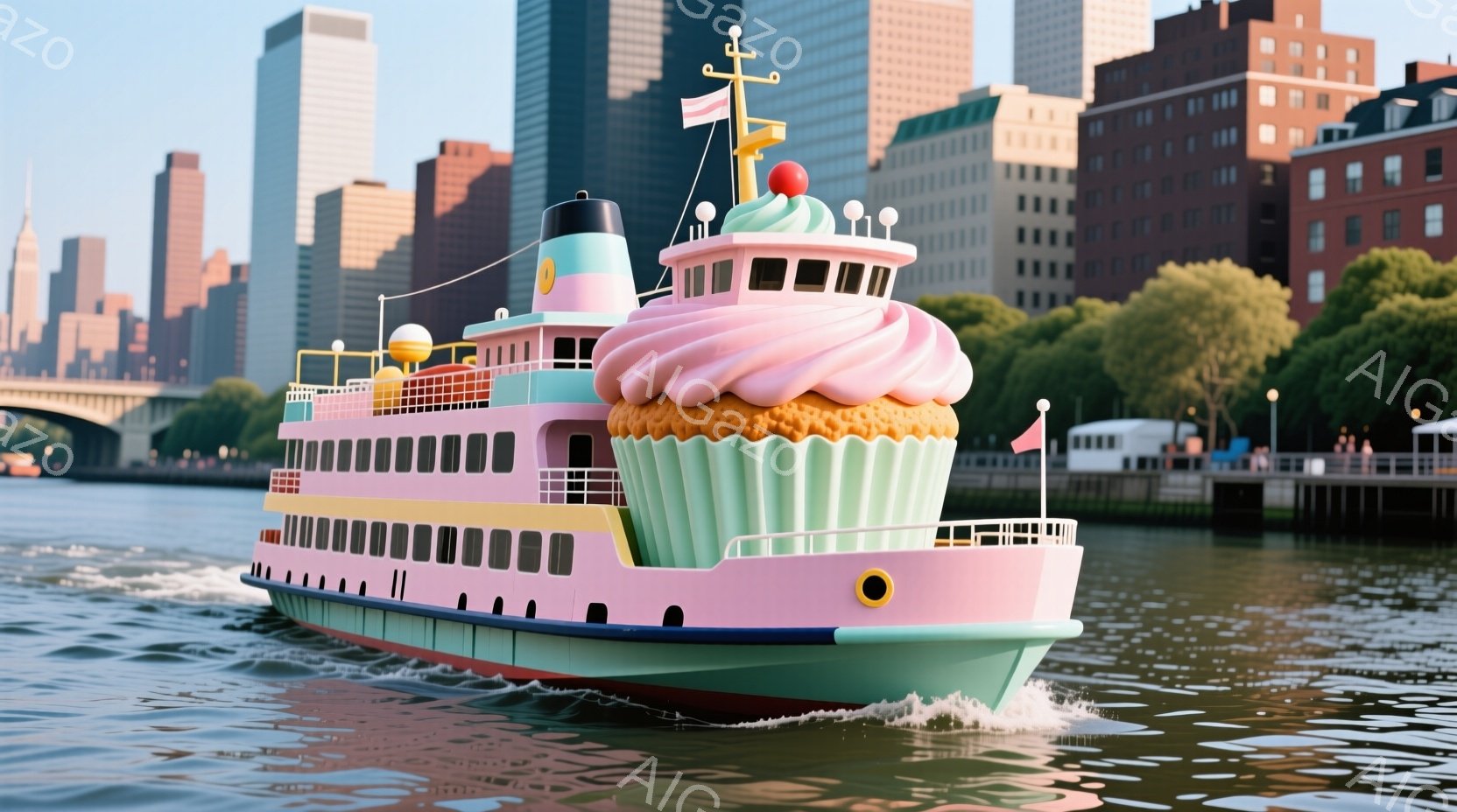 ピンク色の奇抜な船が水上を航行しており、船首は巨大なカップケーキのようにデザインされている。背景には高層ビル群と緑豊かな木々が広がり、晴天の下、水面には船の航行による波紋が広がっている。全体的に明るく、遊び心に満ちた、ファンタジーのような雰囲気が漂っている。