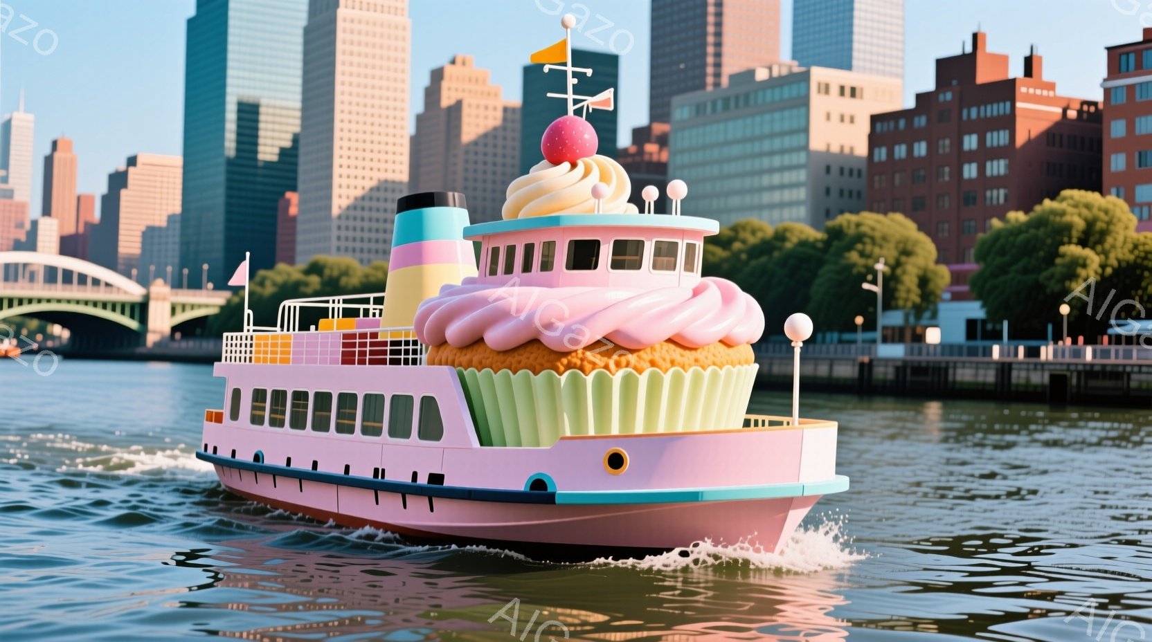 ピンク色の奇抜なデザインの船が、水面を疾走している様子が描かれている。船の最上部には巨大なクリームとイチゴが飾られ、まるで動くカップケーキのようだ。背景には高層ビル群と緑豊かな木々が見え、晴れた日の穏やかな水面が、少し不思議で楽しい雰囲気を醸し出している。