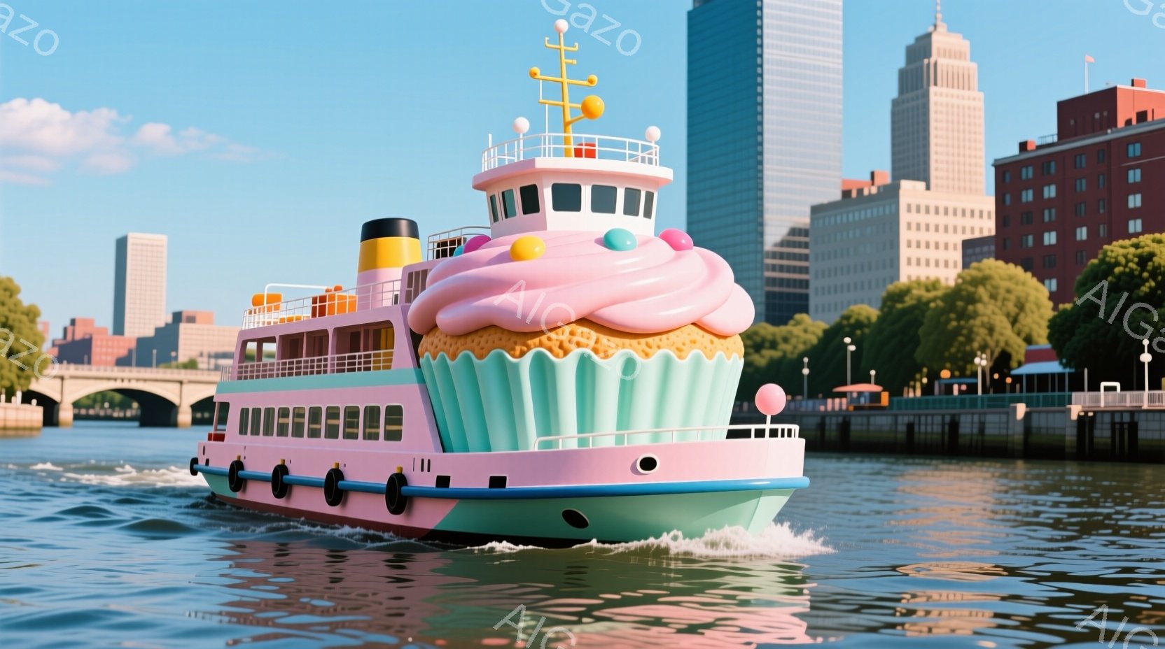 明るい青空の下、ピンクと水色の可愛らしい船が水面を航行しています。船は巨大なカップケーキを模しており、クリームの部分が船体の上部を覆い、カラフルなストライプが側面を飾っています。背景には高層ビル群と緑 - AI生成フリー素材