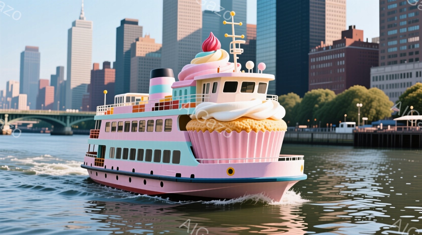 明るいピンク色の船が水面を航行しており、その船体は巨大なカップケーキを模したユニークなデザインとなっています。背景には高層ビル群が立ち並び、橋と緑豊かな自然が、晴れた日の穏やかな雰囲気を醸し出しています。この船は、遊び心にあふれ、夢のような光景を作り出しています。