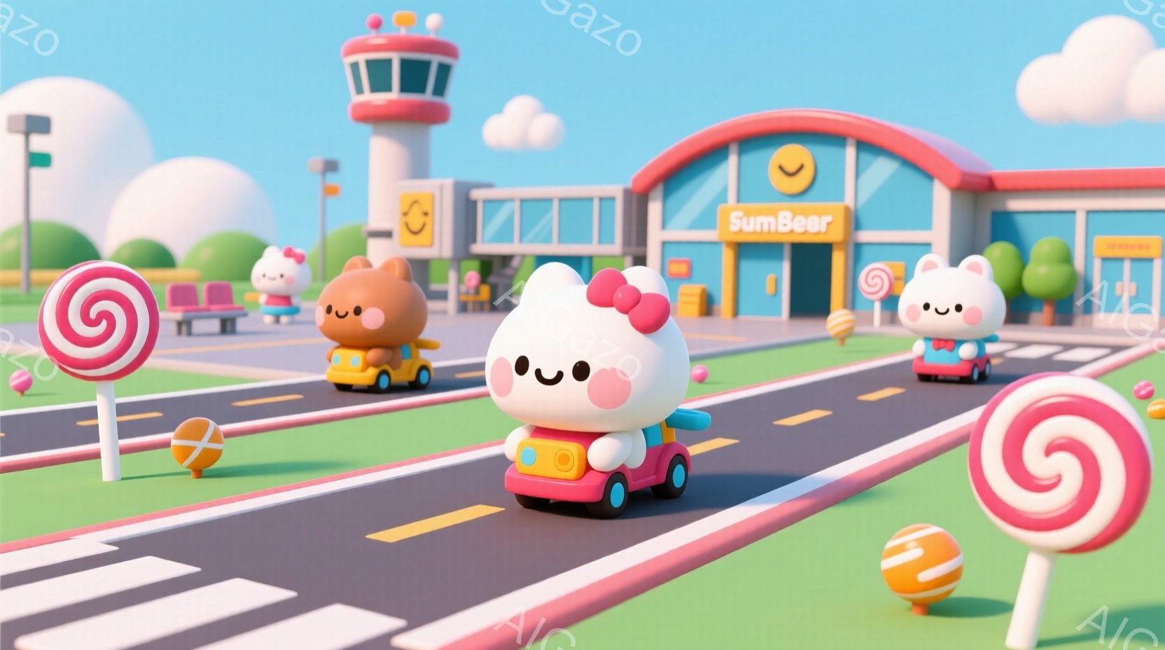 明るい青空の下、キャンディーのような可愛らしい車に乗った動物たちが描かれています。白いウサギの車は手前に配置され、ピンク色の車と黄色い車が奥へと続いています。背景には、可愛らしいデザインの建物、信号、キャンディーのオブジェがあり、全体的にポップで楽しい雰囲気が漂っています。