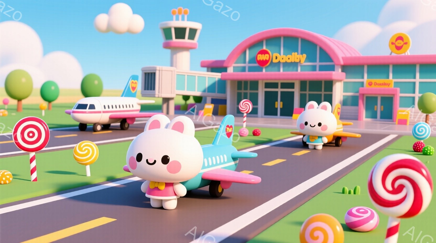 このイメージは3Dアニメーションスタイルのもので、ドッグビリーのキャラクターが主役を務めています。そのキャラクターは爆発的なハロウィンパーティのような背景に設定された場所で、鮮やかなカラフルなスイーツとケーキが散りばめられています。彼らは空港前のロングエンドプロセスを模擬しており、自動車とバッグが見つけることになっています。全体的な雰囲気は明るく楽しげで、ファンタジーの調子を味わえるようなイメージが描かれています。