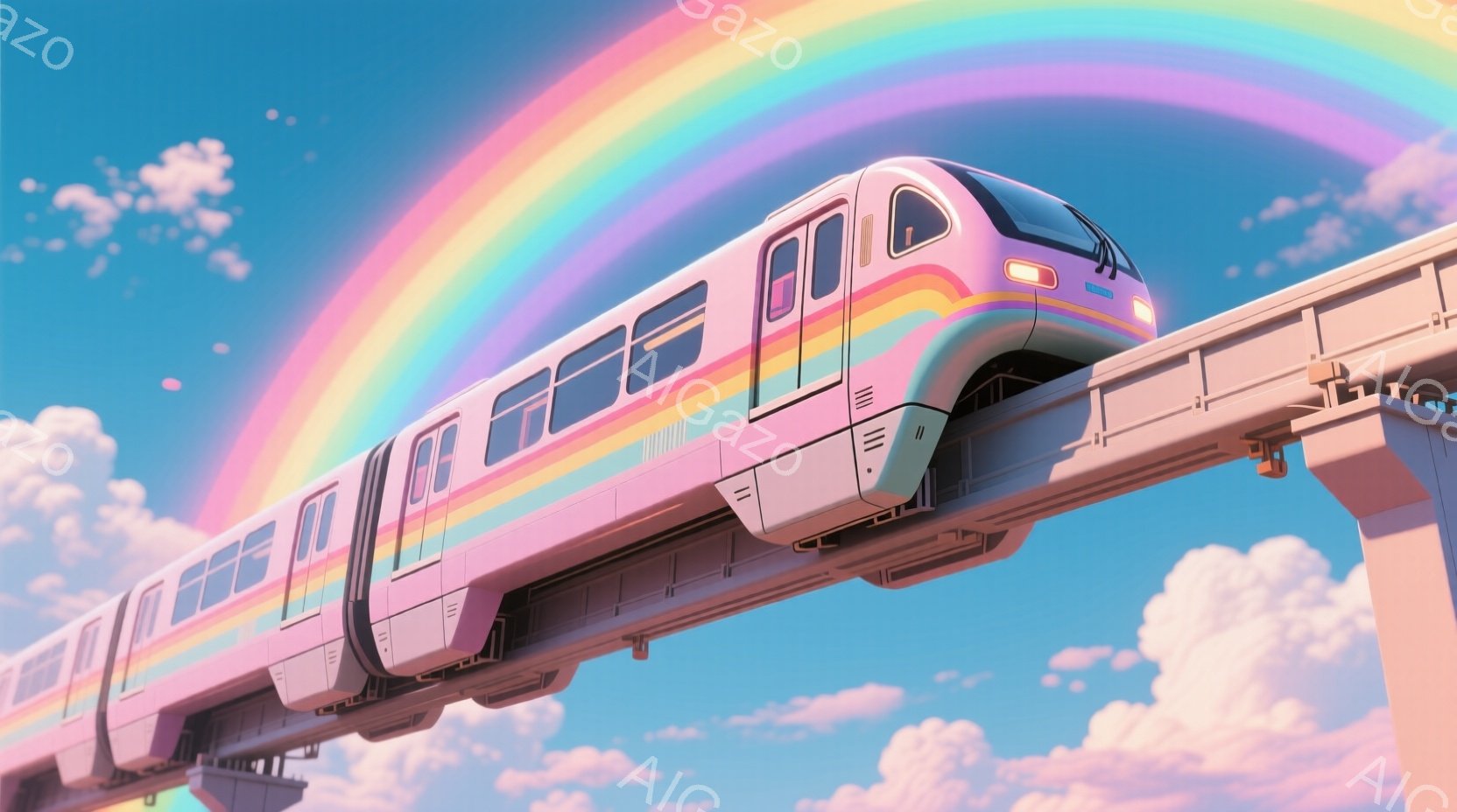 空には虹が架かり、ピンクと紫を基調とした未来的なモノレールが青い空を走っている。モノレールは白と様々な色のストライプが施され、滑らかで洗練されたデザインが特徴である。背景にはふわふわとした雲が広がり、全体的に夢幻的で希望に満ちた雰囲気である。