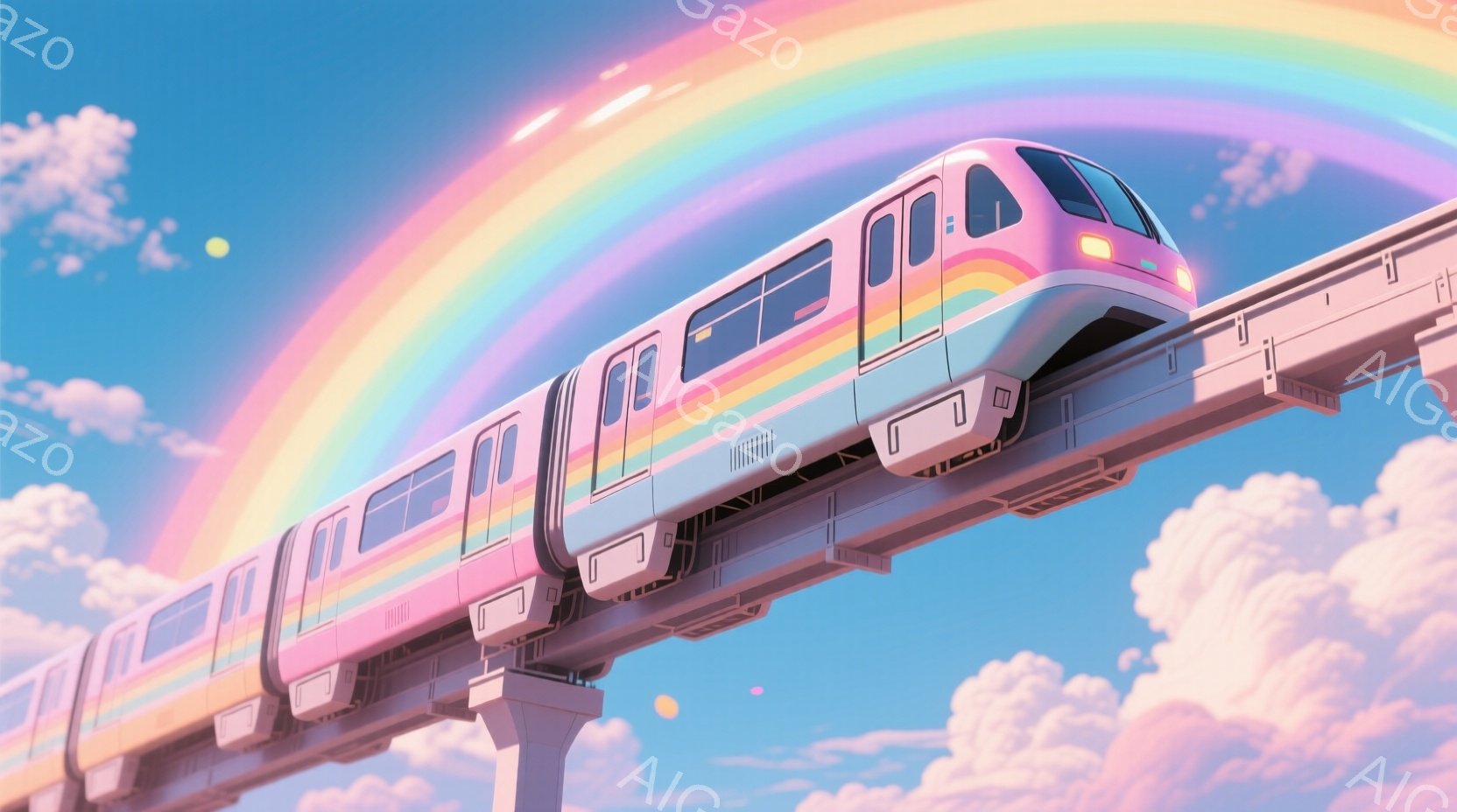 明るい青空の下、虹を背景に、カラフルなモノレールが線路の上を走っている。車両はピンク、紫、青、緑など、様々な色が組み合わされており、まるで虹そのものを切り取ったようだ。ふんわりとした雲が空に浮かび、全体的に夢のような、幻想的な雰囲気を醸し出している。