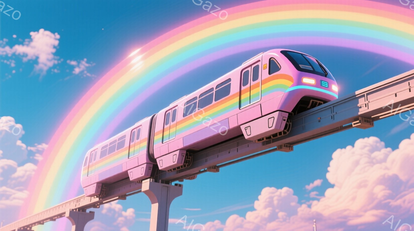 空には虹が架かり、虹色のモノレールが雲の上を走っている。モノレールは白を基調とし、虹色に彩られたストライプが特徴的で、未来的なデザインが目を引く。空は水色からピンク色へとグラデーションがかかり、ふわふわとした雲が広がり、幻想的な雰囲気を醸し出している。