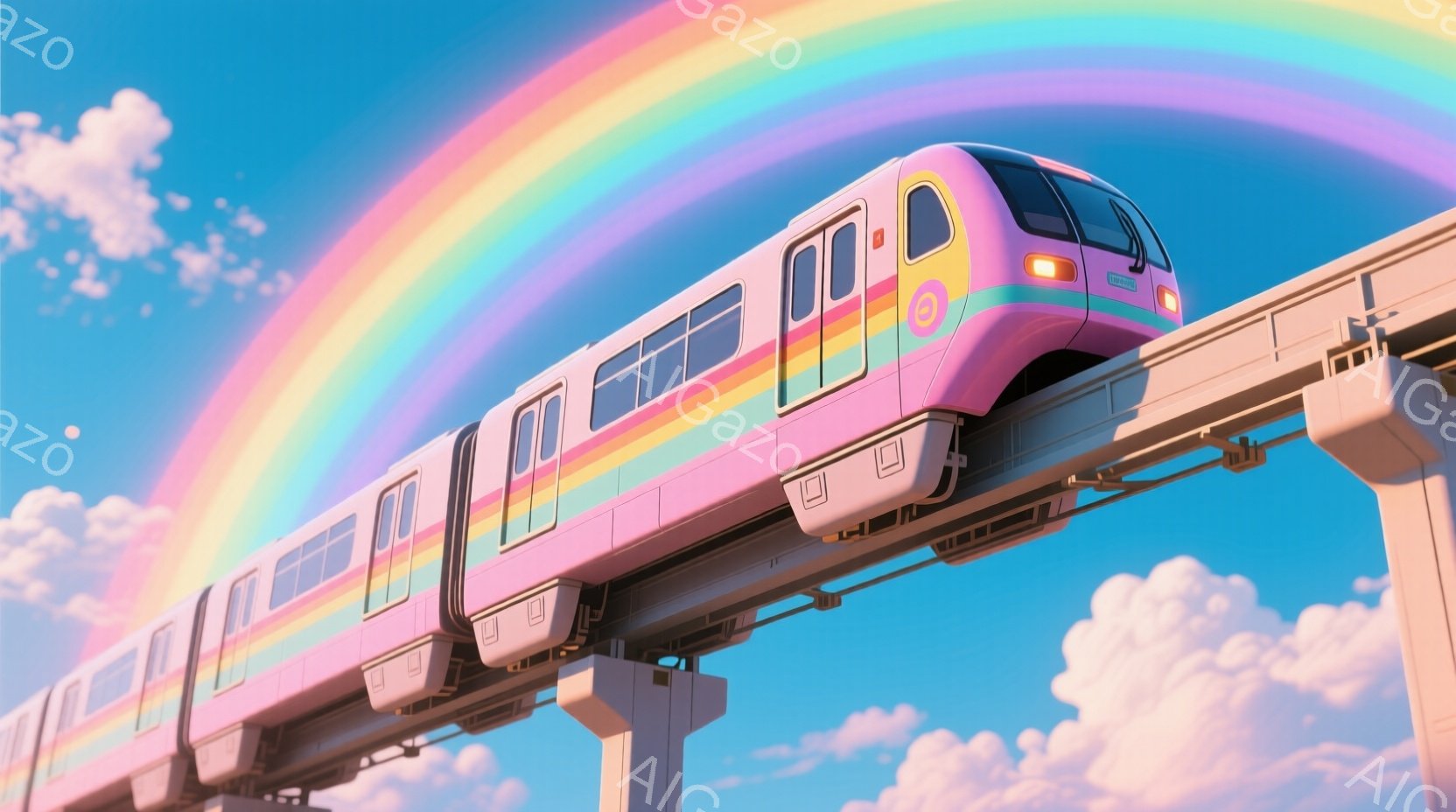 鮮やかな虹の下を、ピンクと虹色のストライプが施された未来的なモノレールが走っている。空は明るい青色で、ふわふわとした白い雲が浮かび、全体的に夢のような雰囲気を作り出している。モノレールは高いコンクリートの支柱によって支えられ、どこか希望に満ちた旅立ちを連想させる。