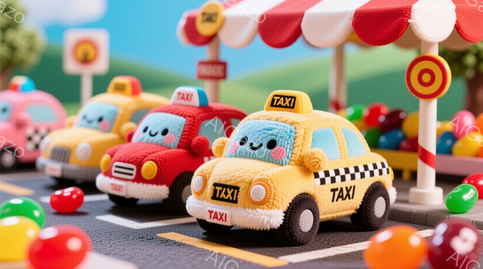カラフルな手編みのタクシーが道路に並んでおり、それぞれに可愛らしい顔が描かれています。背景には、道路標識やカラフルなボールが散りばめられた、おとぎ話のような風景が広がっています。全体的に暖かく、遊び心 - AI生成フリー素材