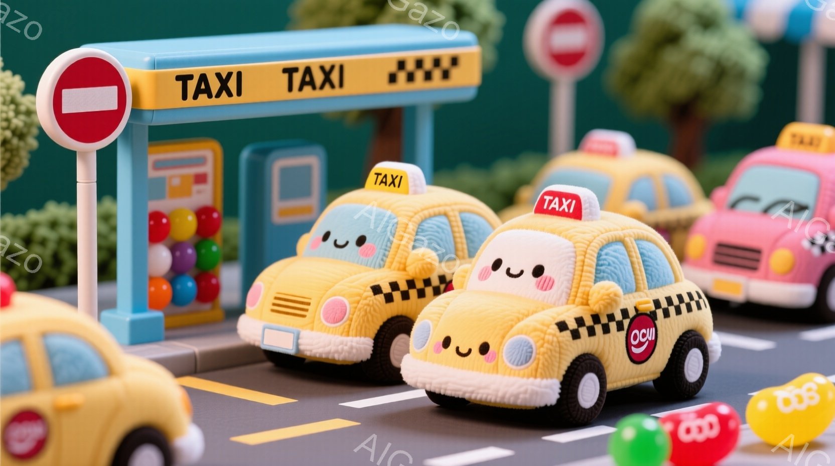 明るい色合いのタクシーが並んだ様子を描いています。タクシーは全て可愛らしい顔とピンク色のチークを持っており、まるで生きているかのような表情をしています。背景には、カラフルなキャンディのようなオブジェクトや道路標識があり、遊び心に満ちた雰囲気を醸し出しています。