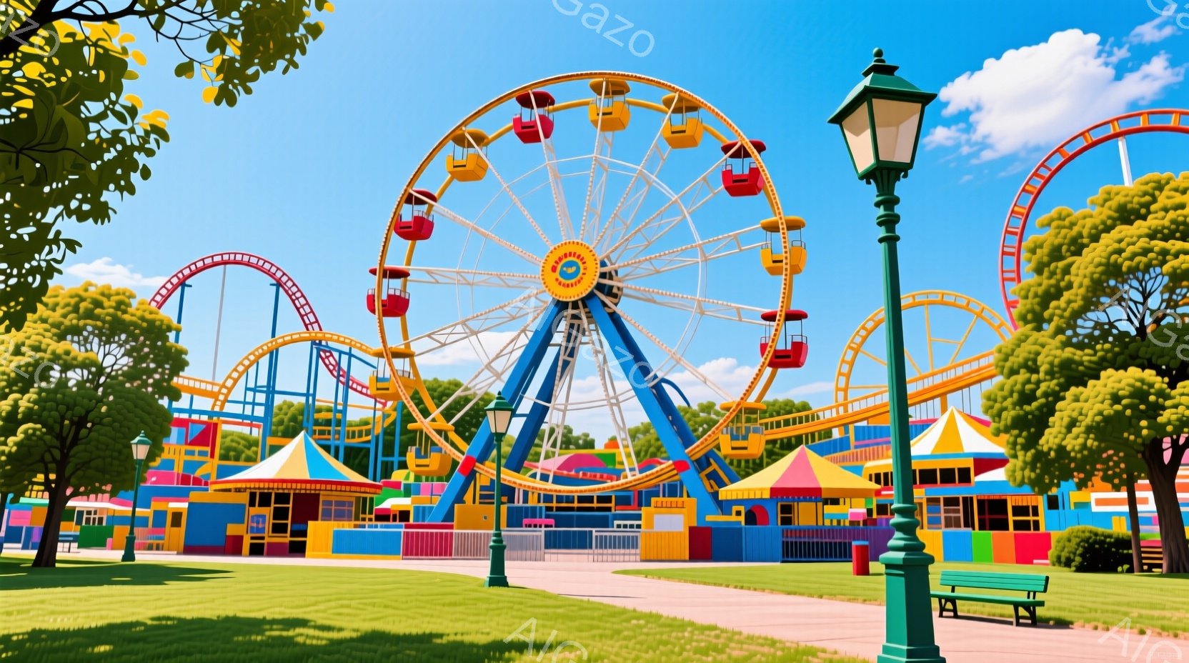 遊園地の鮮やかな風景が広がっており、青い空の下、カラフルなジェットコースターと観覧車が印象的です。緑豊かな芝生と木々が背景に広がり、遊園地の建物は、ピンク、黄色、青など、明るい色で彩られています。全体 - AI生成フリー素材
